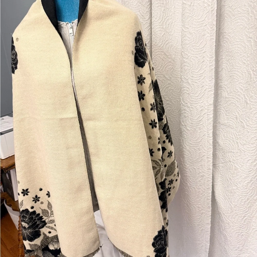 Large Floral Black and Cream Reversible Shawl,Scarf, Poncho.